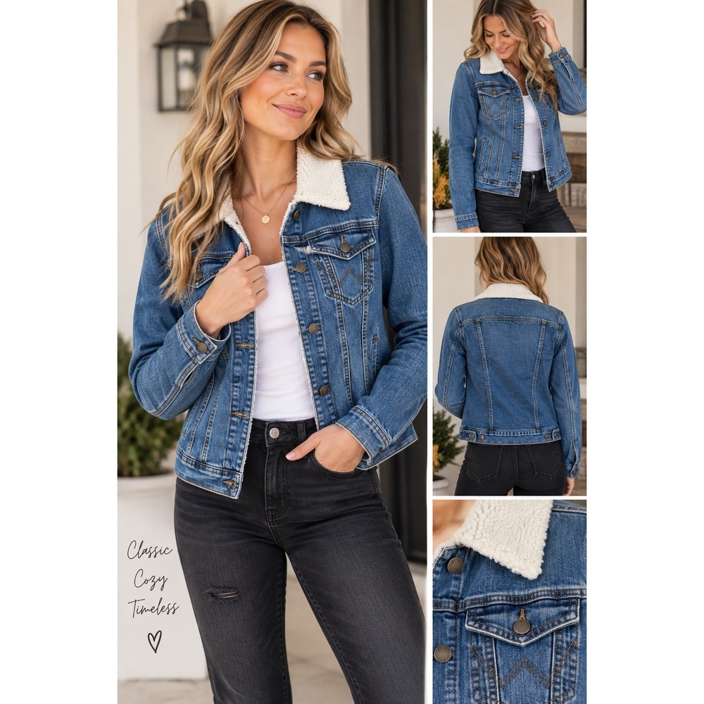 Wrangler Womens Sherpa Lined Denim Jean Jacket M Wash Blue Trucker western